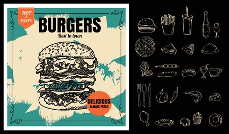 Restaurant Fast Foods menu burger on chalkboardのイラスト素材