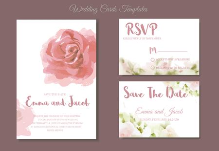 Pink roses watercolour style frame print.Vintage style Wedding Invitation pink roses watercolor hand drawn. save the date card design.vector template set.invite card design.Greeting Floral wedding invitation.のイラスト素材