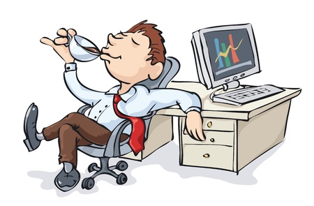 Office worker drinking coffee at desk.のイラスト素材