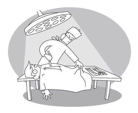 The surgeon with a scalpel carries out an operation, and the patient is very scared.のイラスト素材