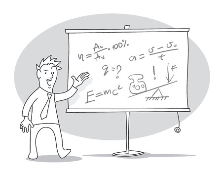 Man is giving a lecture in front of a whiteboard. Cartoon vector illustrationのイラスト素材