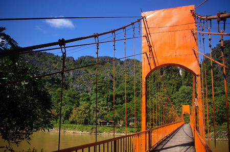 orange rope bridgeの写真素材