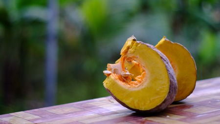 pumpkin on old tableの写真素材