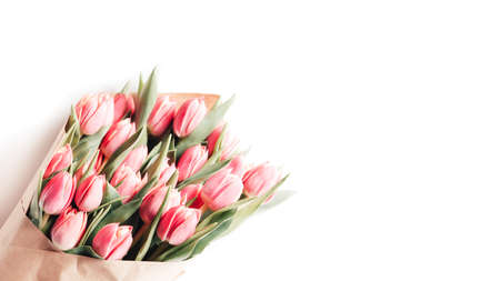 Beautiful bouquet of pink tulips on white backgroundの写真素材