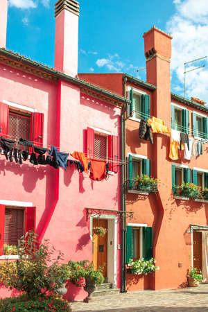 Traditional vibrant colored houses on the island of Burano, Italyの写真素材