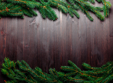 Frame of fir branches on a dark wooden background, flat lay, top view, copy spaceの写真素材