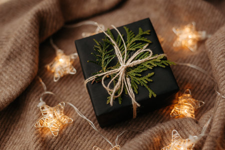 Christmas gift packed in black wrapping paper lying on soft woolen background. Luminous garland to create a New Years moodの写真素材