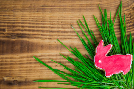 Happy easter. Easter background. Easter cookies. Gingerbread in the form of crimson  Easter rabbit...