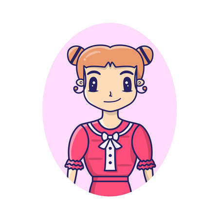 Vector potrait of girl happy and cute girl illustration with pink clothest and brown hair big eyesのイラスト素材