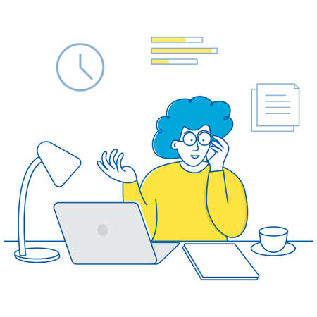Customer Support Service. Customer Service Woman illustration. Woman at work. Woman speak at phone and laptop. Concept illustration for support, assistance, call center. Vector illustration in flat styleのイラスト素材