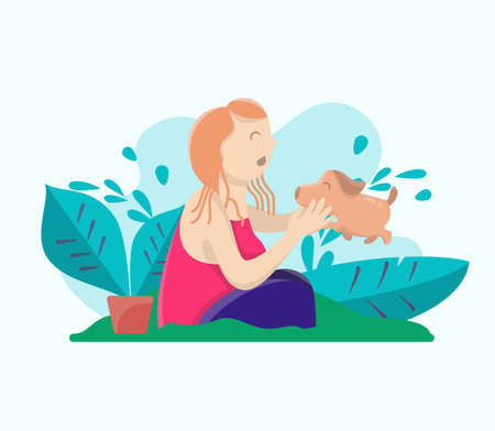 Woman hug her pet dog, flat illustration of woman hug and happy with her dogのイラスト素材