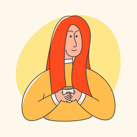 Female, woman holding cup of coffe flat illustration, business women illustration,のイラスト素材