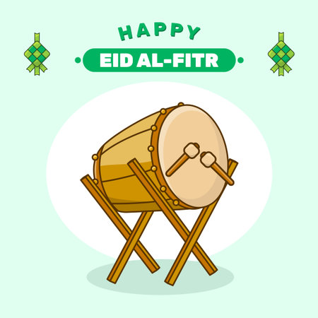 Happy Eid Al-Fitr Card Illustration, Bedug drum with stick cartoon icon Illustration, People...