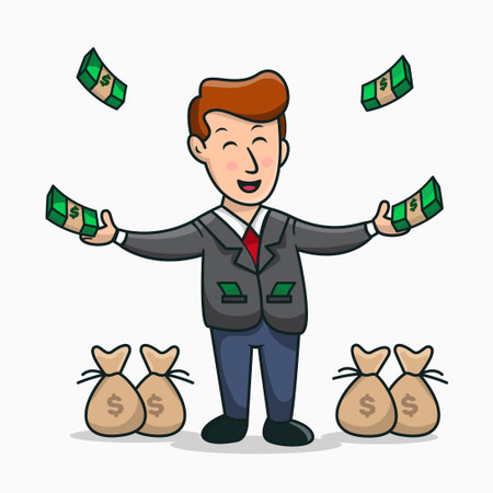 Happy Rich Man playing with his money cartoon. Rich people cartoon. Vector Illustrationのイラスト素材
