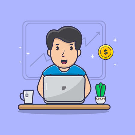 Man Working on Laptop cartoon vector illustration. Man Mining Coin on laptopのイラスト素材