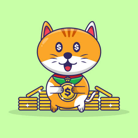 Cute cat Holding Coin Gold. Cute Cat Cartoon Illustrationのイラスト素材
