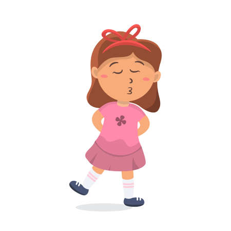 Cute Girl ute kid teen girl show facial expression, Premium Vector. Little Girl whistleのイラスト素材