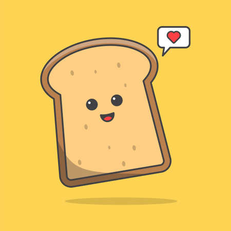 Kawaii Breakfast, slice of bread on yellow background, slice bread with love icon, cute food vector illustrationのイラスト素材