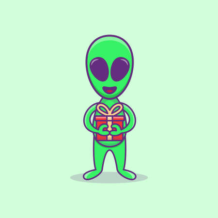 Alien Holding gift. Cute Alien mascoot Character Cartoon. Alien Illustration. Flat Design Cartoon Styleのイラスト素材