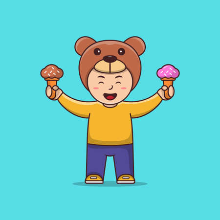 Happy Cute Kids Holding and eating ice cream, Cute Boy Hold Ice Cream, Summer Kids Illustrationのイラスト素材