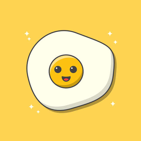 Kawaii fried egg on yellow background. Vector illustration. resh Fried Egg Delicious Cuisine Dish. Design for Breakfast Menu, Cafe and Restaurant. Flat Cartoon Style Suitable for Web Landing Page, Banner, Flyer, Stickerのイラスト素材
