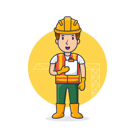 architect construction holding paper sketch cartoon vector illustration, Contruction Worker Wear Helmet and hold paperのイラスト素材