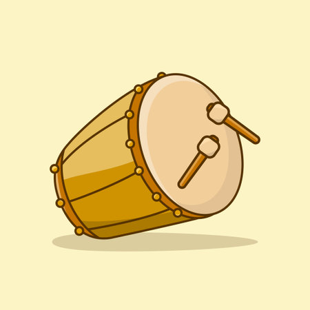 Happy Eid Al-Fitr Card Illustration, Bedug drum with stick cartoon icon Illustration, People Religion icon concept, flat cartton style Eid Mubarakのイラスト素材
