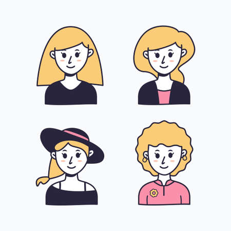 Hand drawn set of persons, avatars, people heads of different ethnicity and age in flat style. Women Avatar Collectionのイラスト素材