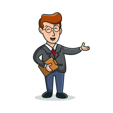 Business man With Smile Face holding document and raising hand. Bsiness man vector illustration flat designのイラスト素材