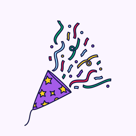 Confetti new year Horn, Confetti Popper Flat illustration, confetti explosion from birthday capのイラスト素材