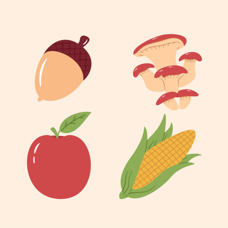 Apple, Accorn, mushroom, corn, flat illustration, harvest autumn illustrationのイラスト素材