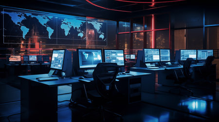Interior of security data, Control room network data center with multiple screen display data statistic, generative imagesの素材