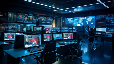 Cyber security room, security data center, Control room network data center with multiple screen display data statistic, generative imagesの素材