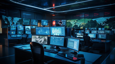 High Technology Control center room, Control room network data center with multiple screen display data statistic, generative imagesの素材