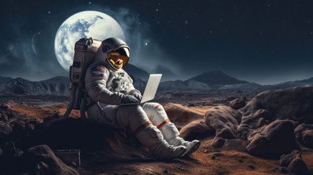 Astronaut work with laptop in mars, astronaut space explorationの素材