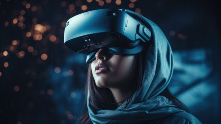 Woman wear VR Glasses on dark backgroundの素材