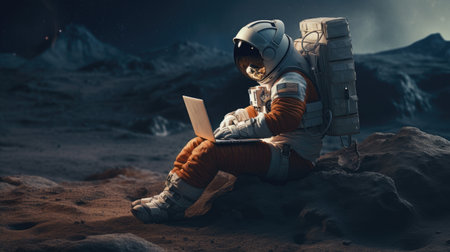 Astronaut using laptop in the moonの素材