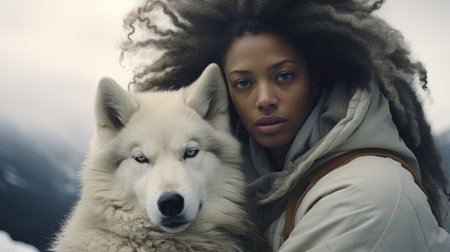 Black woman with her white wolfの素材