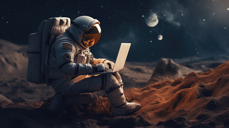 Astronaut sitting and work on laptop in outerspaceの素材