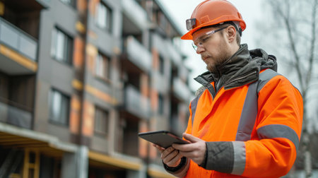 Shot of Construction engineer wearing full safety jacket and using digital tabletの素材