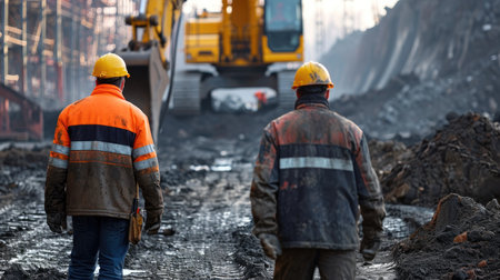 Two Construction workers in construction site looking at excavatorの素材