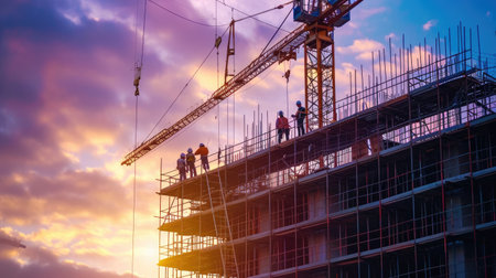 Construction buildingworker on the building and craneの素材