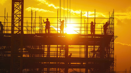 Crane and construction building site with construction worker on sunsetの素材