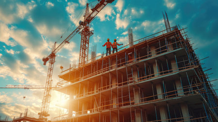 Block appartment underconstruction with crane and construction worker on topの素材