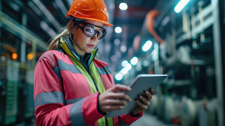 Professional woman engineer wearing full safety jacket and use digital tabletの素材