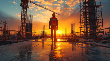 Construction worker in construction set looking at crane in twilightの素材