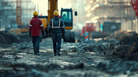Workers at construction site toward excavatorの素材