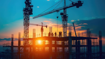 Building construction with crane and construction workerの素材