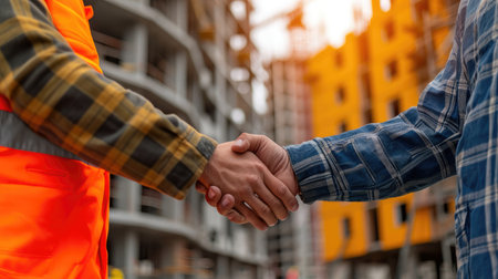 Construction worker hand shaking, dealing start new projectの素材