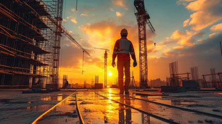 Construction worker on construction set in sunsetの素材